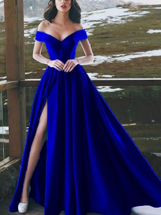 A-Line/Princess Sleeveless Off-the-Shoulder Floor-Length Ruffles Satin Dresses DEP0002058