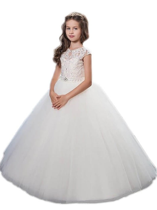 Ball Gown Scoop Sleeveless Beading Floor-Length Tulle Flower Girl Dresses DEP0007686