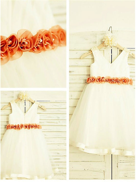 A-line/Princess V-neck Sleeveless Hand-made Flower Tea-Length Tulle Flower Girl Dresses DEP0007821