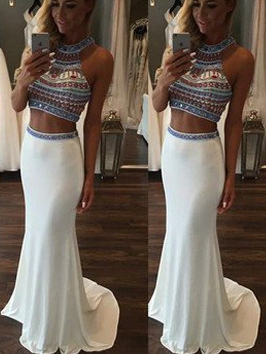 Trumpet/Mermaid Sleeveless Halter Beading Sweep/Brush Train Spandex Two Piece Dresses DEP0002154