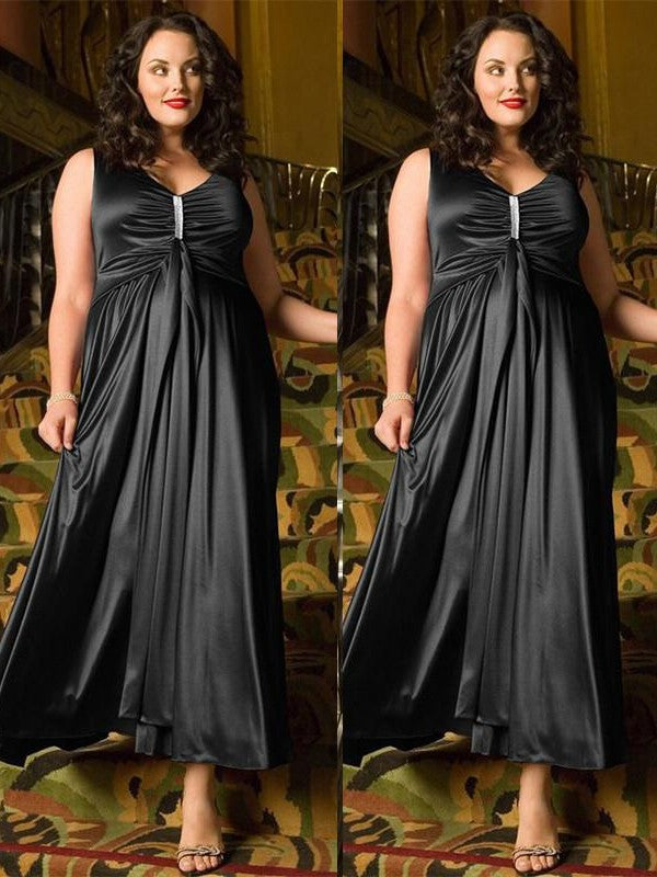 A-Line/Princess V-neck Sleeveless Beading Ankle-Length Elastic Woven Satin Plus Size Dresses DEP0003416