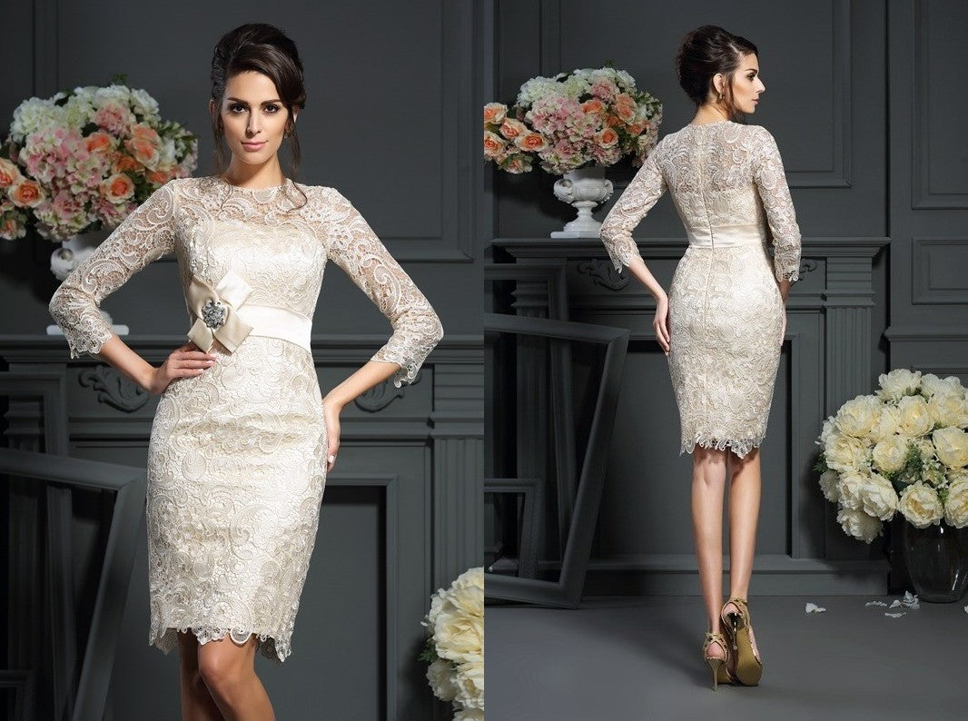 Sheath/Column Scoop Bowknot 3/4 Sleeves Short Lace Mother of the Bride Dresses DEP0007090