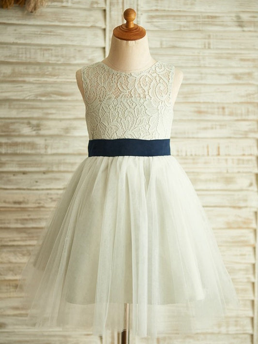 A-Line/Princess Tulle Lace Scoop Sleeveless Knee-Length Flower Girl Dresses DEP0007928