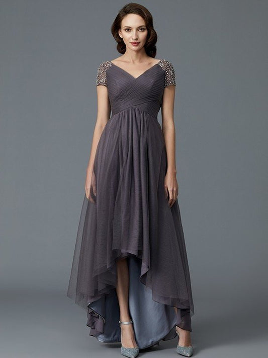 A-Line/Princess V-neck Short Sleeves Asymmetrical Tulle Mother of the Bride Dresses DEP0007098