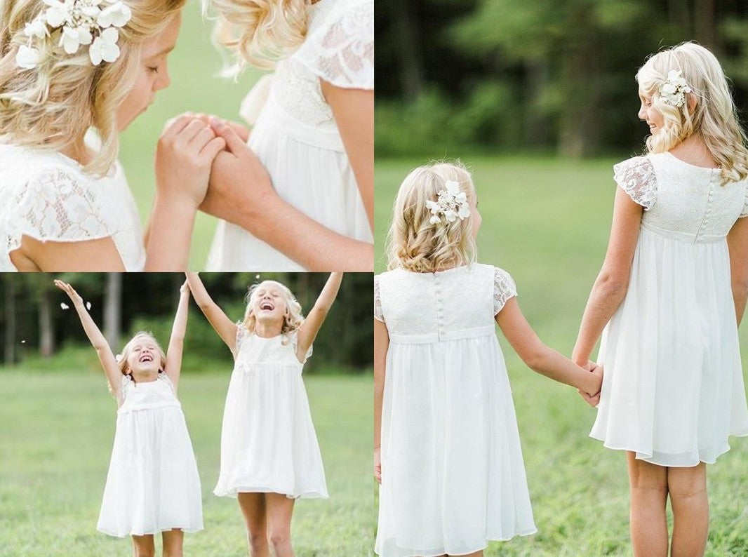 A-Line/Princess Short Sleeves Scoop Knee-Length Lace Chiffon Flower Girl Dresses DEP0007814