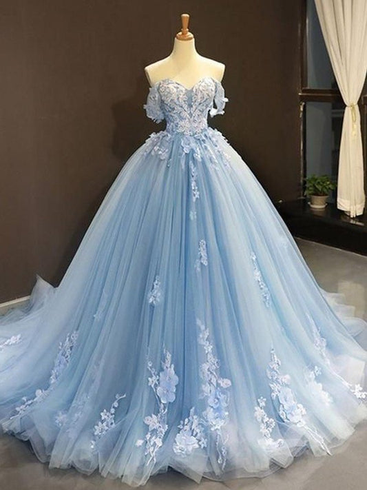 Ball Gown Tulle Off-the-Shoulder Sleeveless Applique Sweep/Brush Train Dresses DEP0001364