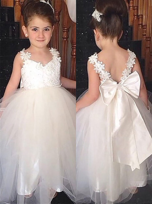 Ball Gown Sweetheart Sleeveless Bowknot Floor-Length Tulle Flower Girl Dresses DEP0007535