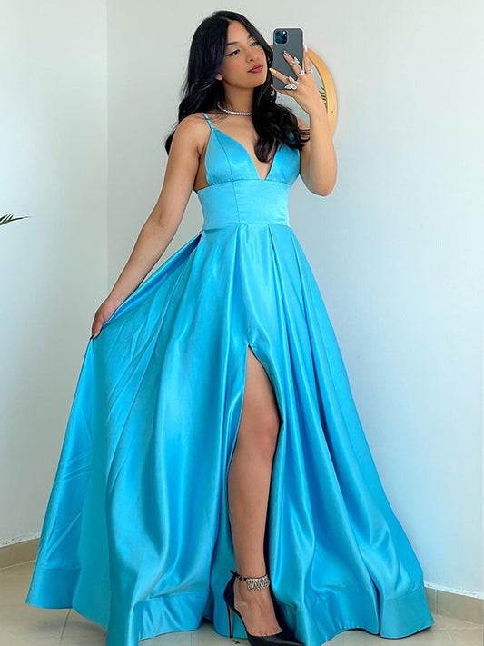 A-Line/Princess Spaghetti Straps Satin Sleeveless Ruffles Floor-Length Dresses DEP0001747