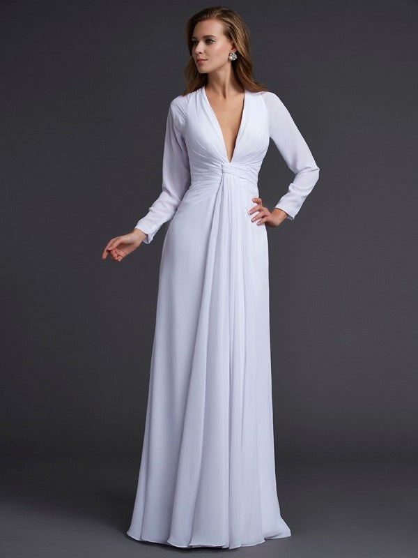 Sheath/Column V-neck Long Sleeves Ruched Long Chiffon Dresses DEP0002467