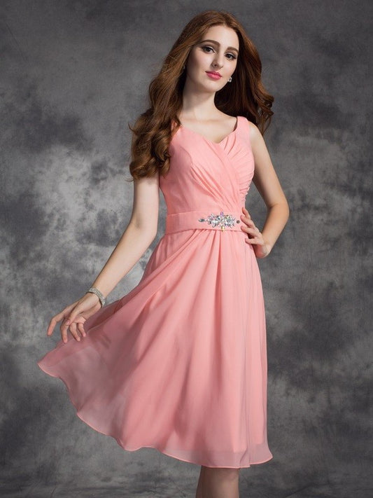 A-line/Princess Straps Rhinestone Sleeveless Short Chiffon Bridesmaid Dresses DEP0009301