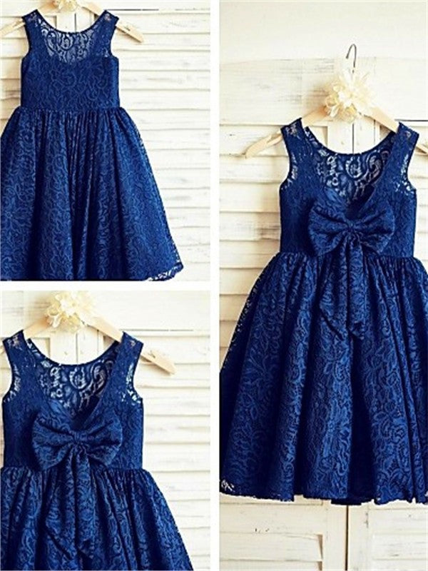 A-line/Princess Scoop Sleeveless Bowknot Tea-Length Lace Flower Girl Dresses DEP0007735