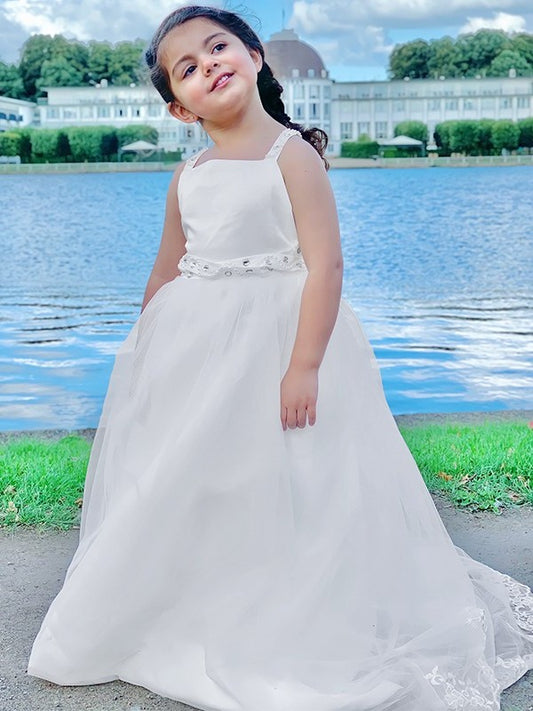 A-Line/Princess Tulle Beading Spaghetti Straps Sleeveless Sweep/Brush Train Flower Girl Dresses DEP0007492