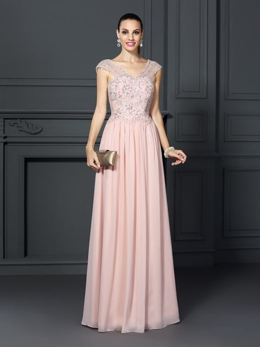 A-Line/Princess Straps Applique Sleeveless Long Chiffon Dresses DEP0003278