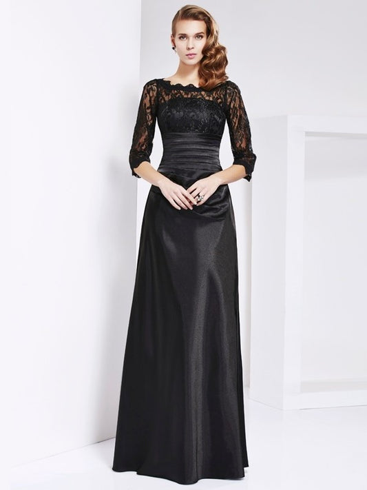 Sheath/Column Off the Shoulder 3/4 Sleeves Lace Long Elastic Woven Satin Mother of the Bride Dresses DEP0007145