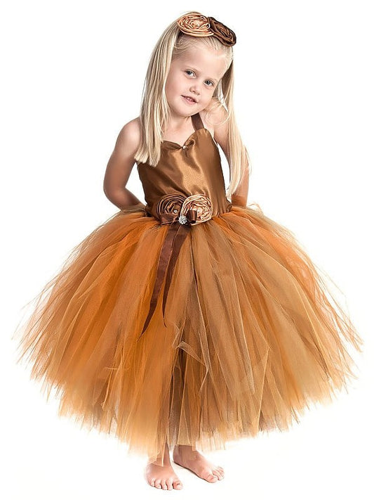 Ball Gown Straps Sleeveless Hand-Made Flower Tea-Length Tulle Flower Girl Dresses DEP0007756