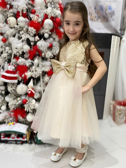 A-Line/Princess Tulle Bowknot Scoop Sleeveless Tea-Length Flower Girl Dresses DEP0009287