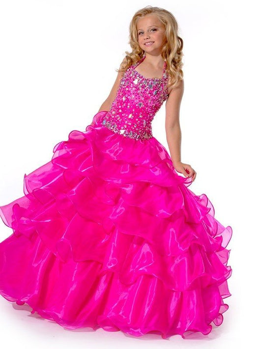 Ball Gown Halter Sleeveless Rhinestone Long Organza Flower Girl Dresses DEP0007576