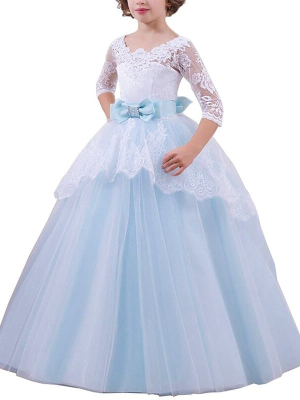 Ball Gown Jewel 1/2 Sleeves Lace Floor-Length Tulle Flower Girl Dresses DEP0007685