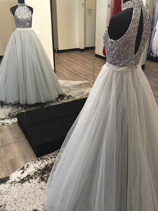 A-Line/Princess Halter Sleeveless Floor-Length Beading Tulle Dresses DEP0001960