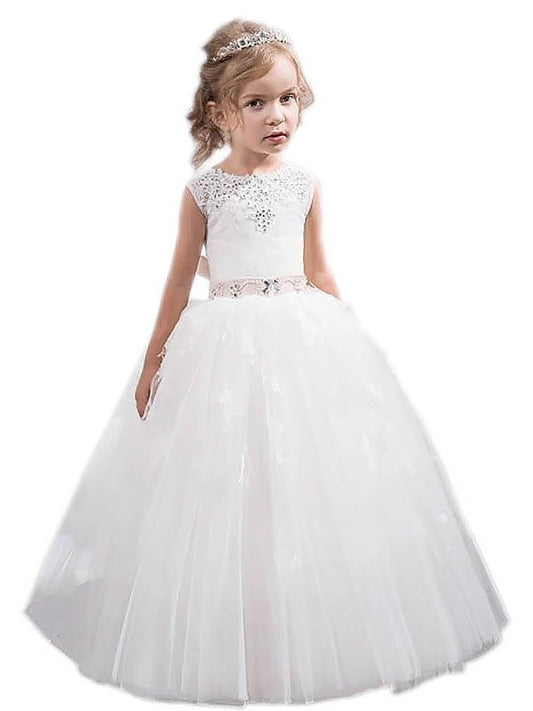 Ball Gown Jewel Sleeveless Crystal Floor-Length Tulle Flower Girl Dresses DEP0007617