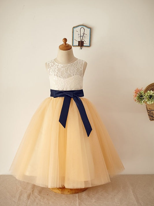 A-Line/Princess Sleeveless Tulle Lace Scoop Floor-Length Flower Girl Dresses DEP0007895