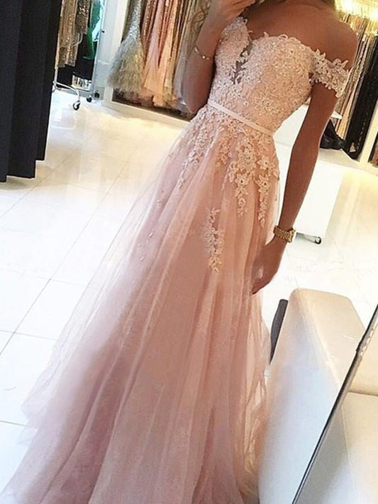 A-Line/Princess Off-the-Shoulder Sleeveless Floor-Length Applique Tulle Dresses DEP0001727