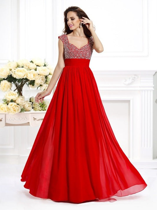 A-Line/Princess Straps Beading Sleeveless Paillette Long Chiffon Dresses DEP0002870