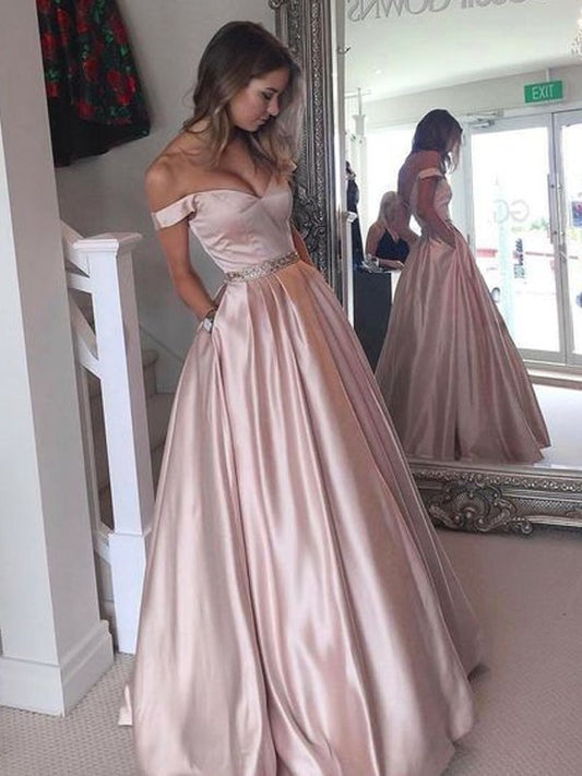 A-Line/Princess Off-the-Shoulder Sleeveless Floor-Length Satin Dresses DEP0001821