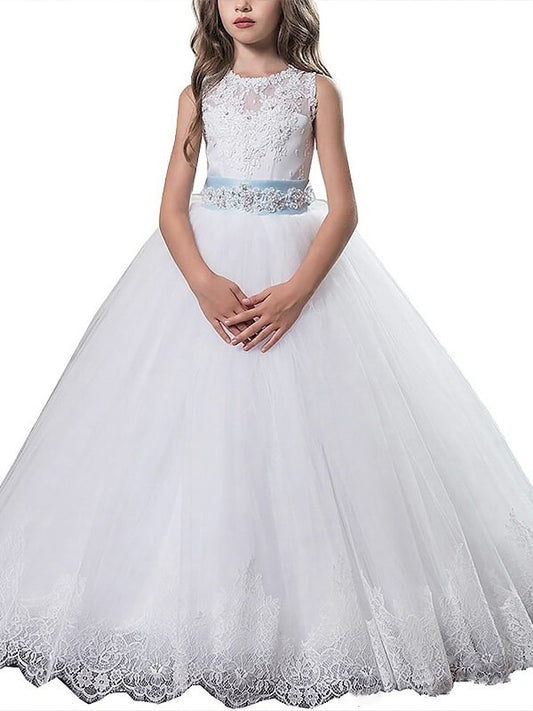 Ball Gown Scoop Sleeveless Applique Floor-Length Tulle Flower Girl Dresses DEP0007666