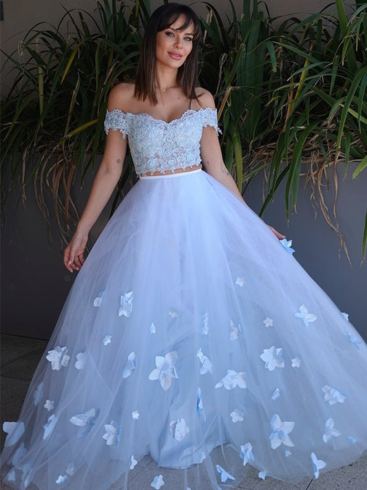 A-Line/Princess Tulle Applique Sleeveless Off-the-Shoulder Floor-Length Two Piece Dresses DEP0001635