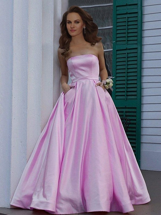 A-Line/Princess Strapless Sleeveless Floor-Length Ruffles Satin Dresses DEP0001841