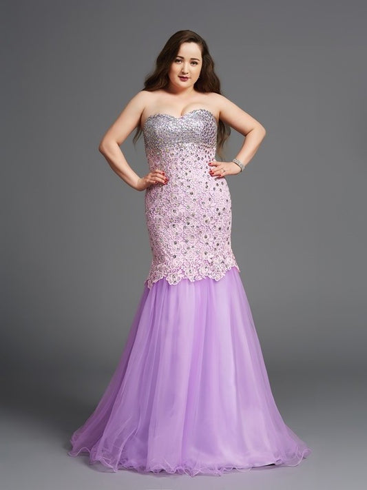 Trumpet/Mermaid Sweetheart Beading Sleeveless Long Net Plus Size Dresses DEP0003983