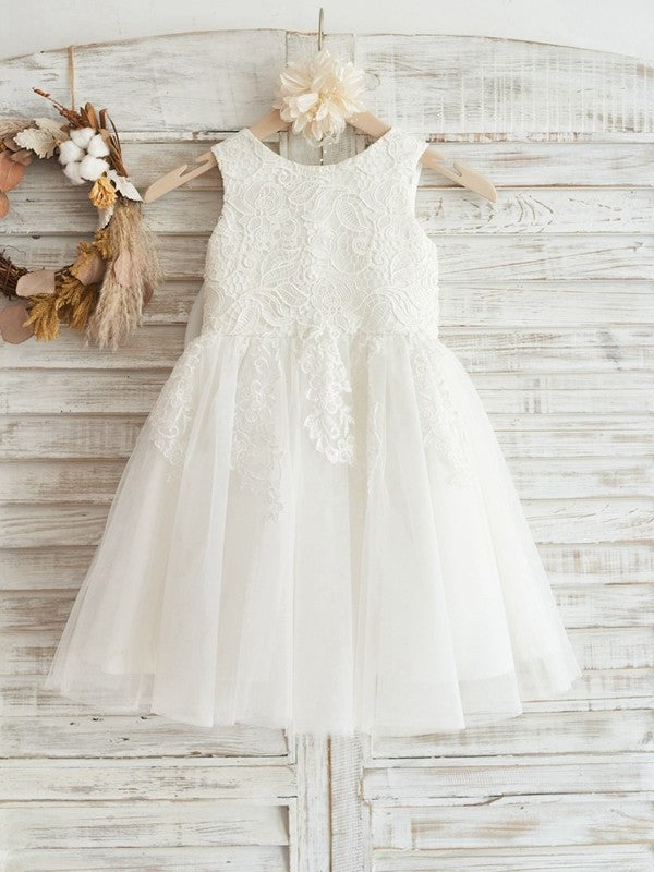 A-Line/Princess Tulle Lace Scoop Sleeveless Knee-Length Flower Girl Dresses DEP0007893