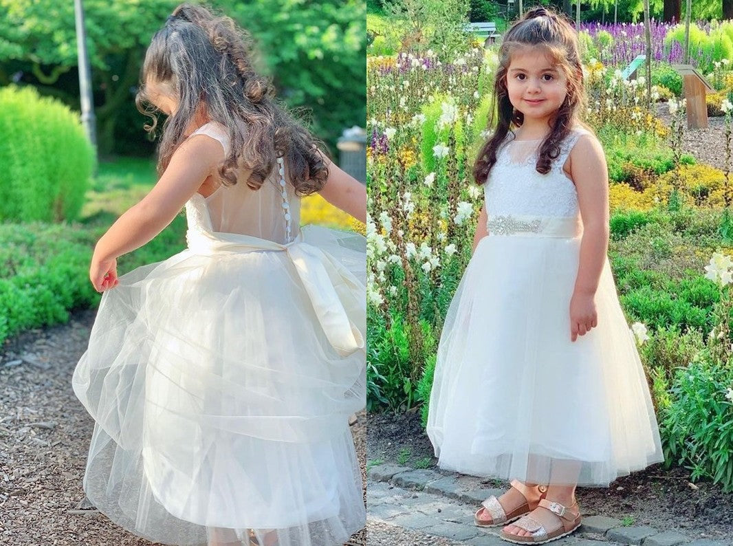 A-Line/Princess Tulle Lace Scoop Sleeveless Tea-Length Flower Girl Dresses DEP0007477