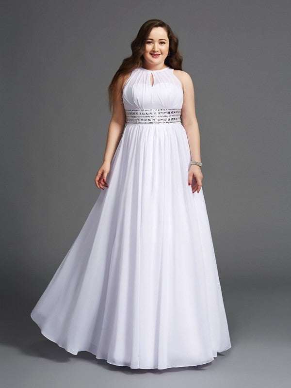 A-Line/Princess Jewel Beading Sleeveless Long Chiffon Plus Size Dresses DEP0002515