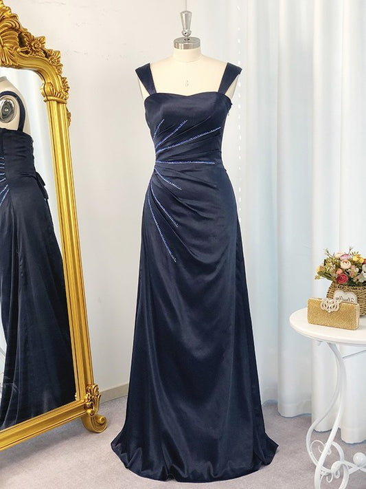 A-Line/Princess Straps Sleeveless Elastic Woven Satin Ruched Floor-Length Dresses DEP0004730