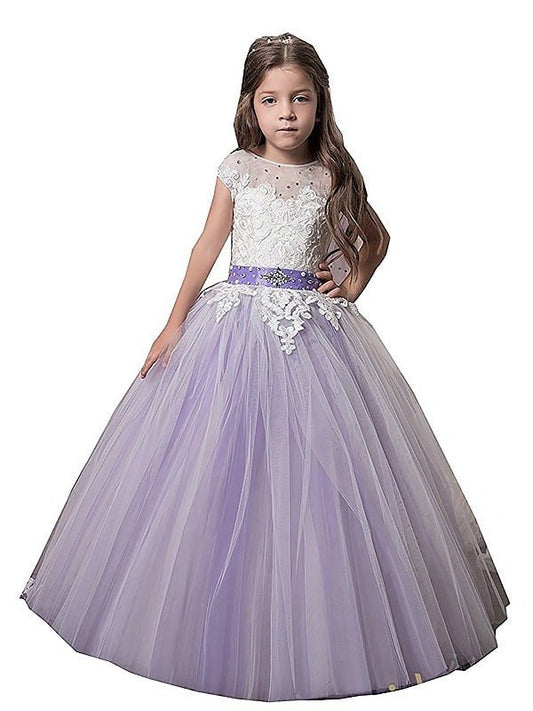 Ball Gown Jewel Sleeveless Applique Floor-Length Tulle Flower Girl Dresses DEP0007724