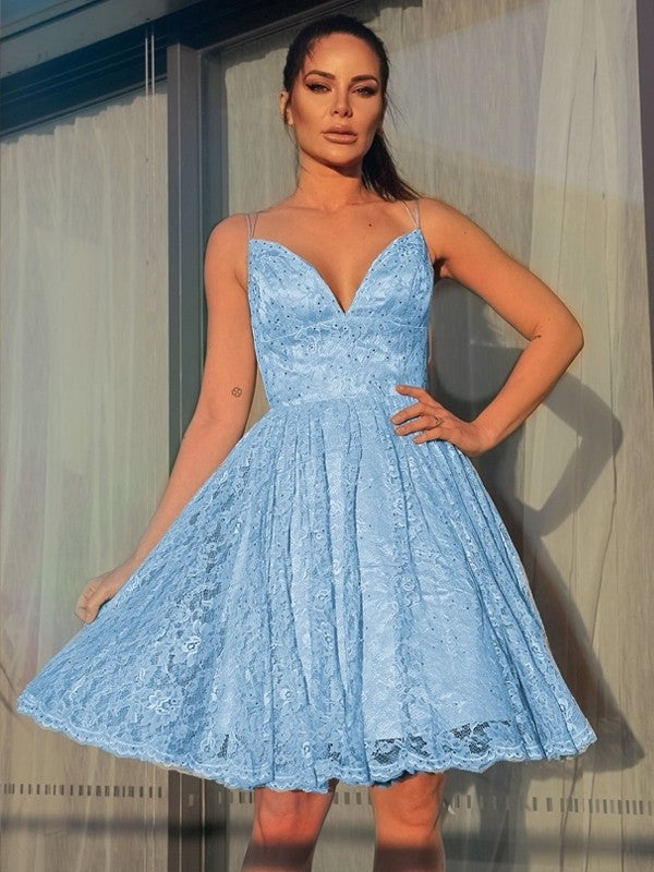 A-Line/Princess Satin Lace V-neck Sleeveless Short/Mini Homecoming Dresses DEP0004770