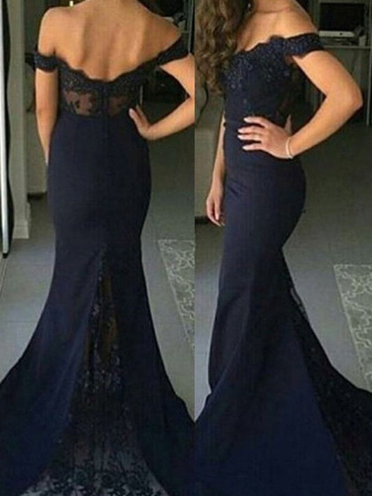 Trumpet/Mermaid Off-the-Shoulder Sleeveless Lace Sweep/Brush Train Satin Dresses DEP0001885