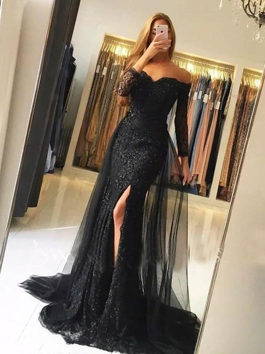 Trumpet/Mermaid Long Sleeves Off-the-Shoulder Sweep/Brush Train Tulle Lace Dresses DEP0001375