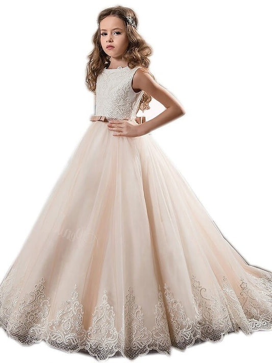 Ball Gown Jewel Sleeveless Lace Sweep/Brush Train Tulle Flower Girl Dresses DEP0007536