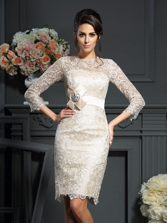 Sheath/Column Scoop Bowknot 3/4 Sleeves Short Lace Mother of the Bride Dresses DEP0007090