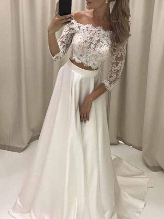 A-Line/Princess 3/4 Sleeves Off-the-Shoulder Court Train Applique Satin Wedding Dresses DEP0006556