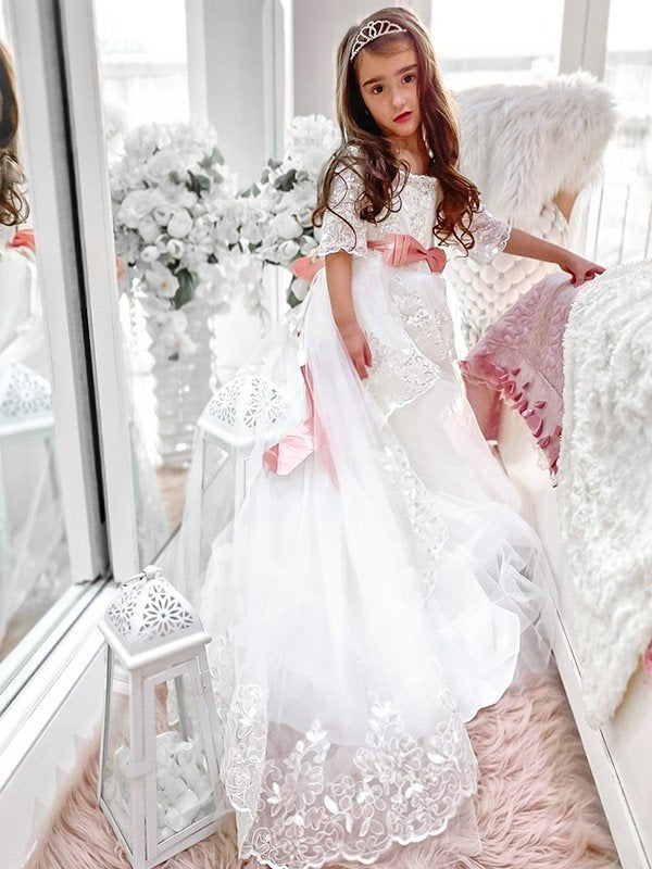 A-Line/Princess Tulle Sash/Ribbon/Belt Off-the-Shoulder 1/2 Sleeves Sweep/Brush Train Flower Girl Dresses DEP0007481