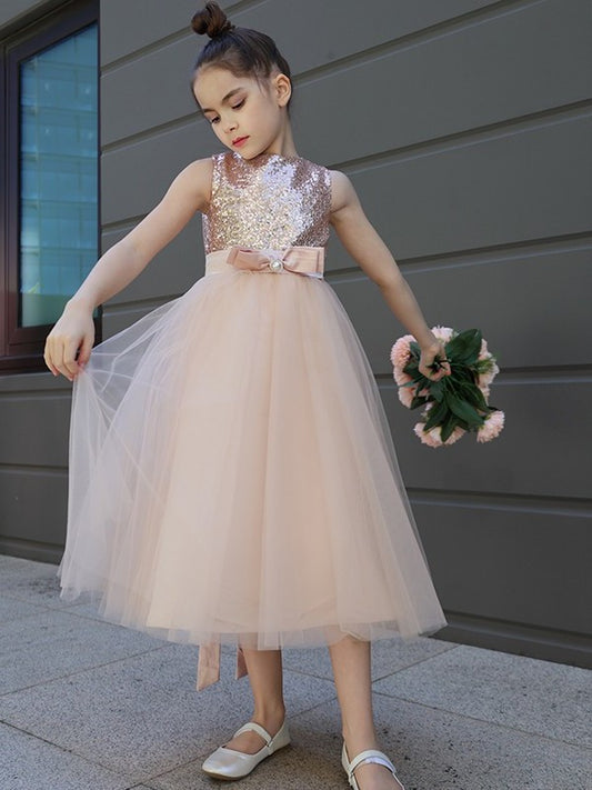 A-Line/Princess Tulle Bowknot Scoop Sleeveless Tea-Length Flower Girl Dresses DEP0007463