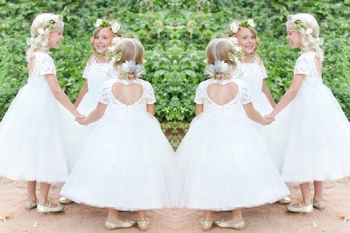 Ball Gown Short Sleeves Scoop Tea-Length Lace Tulle Flower Girl Dresses DEP0007762