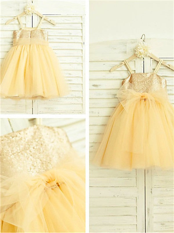 A-line/Princess Spaghetti Straps Sleeveless Sequin Tea-Length Tulle Flower Girl Dresses DEP0007863