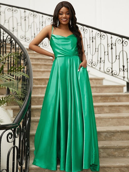 A-Line/Princess Silk like Satin Ruffles Spaghetti Straps Sleeveless Sweep/Brush Train Dresses DEP0001665