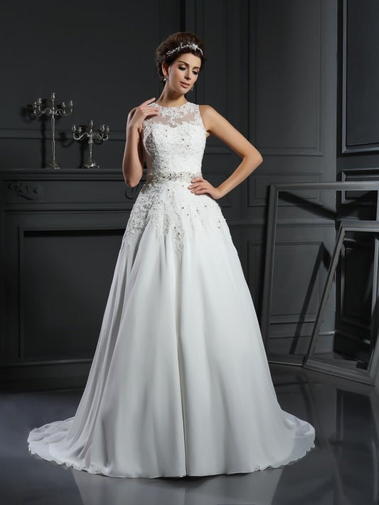 A-Line/Princess High Neck Beading Sleeveless Long Satin Wedding Dresses DEP0006597