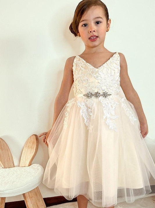 A-Line/Princess Tulle Lace V-neck Sleeveless Knee-Length Flower Girl Dresses DEP0009285